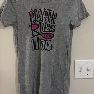 Gray Graphic T-Shirt with Pink and Black Text